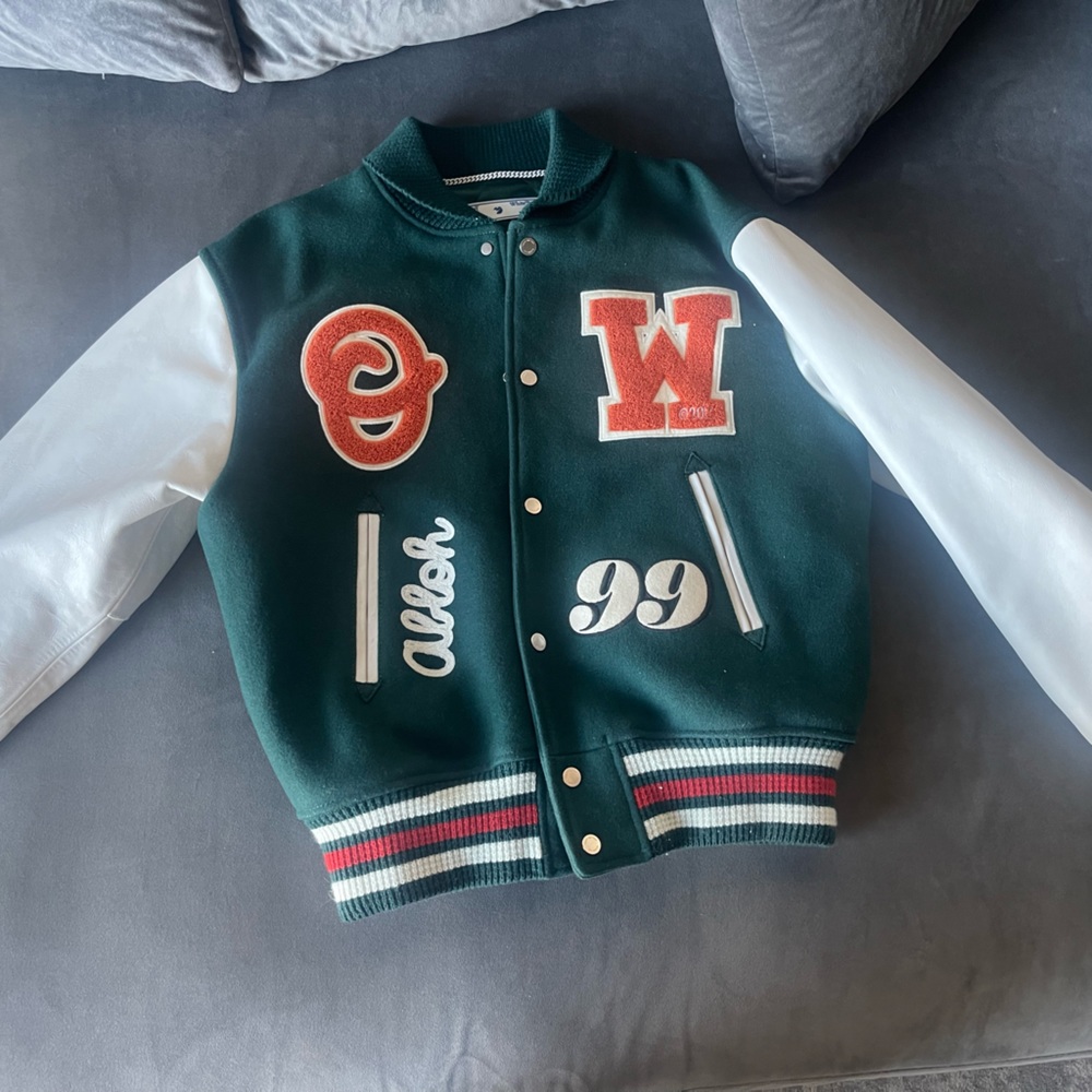 Off-White Leather Logo Patch Varsity Jacket
